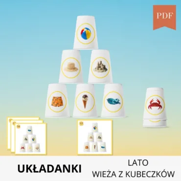 Dziecko układa letnią wieżę z kubeczków – piłka plażowa, muszla, lody